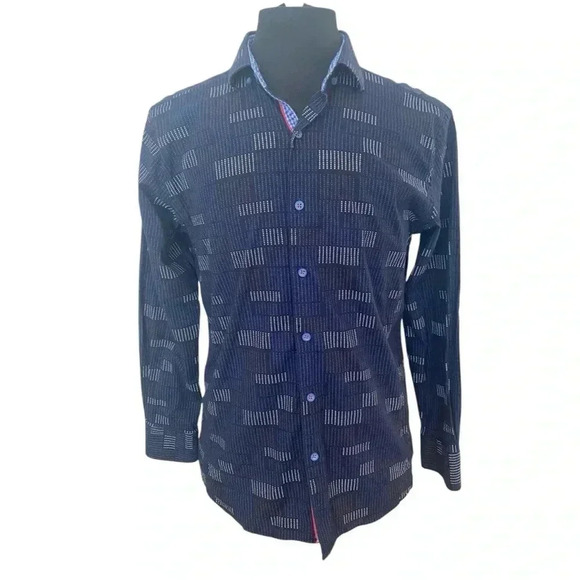 Spazio Mens Button Down Blue Shirt Size Large Slim Fit Casual Geometric - Picture 1 of 6